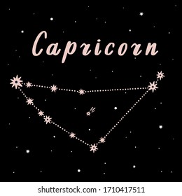 Vector illustration of Capricorn zodiac sign on a black starry background.