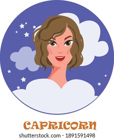 Vector illustration of capricorn zodiac sign. Cute young woman illustration. 