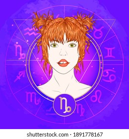 Vector illustration of Capricorn zodiac sign and portrait beautiful girl on abstract background with horoscope circle. Mysticism, esoteric, astrology. Earth element.