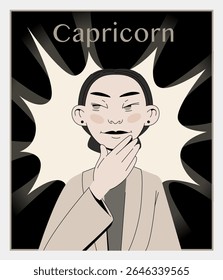 Ilustração vetorial do signo do zodíaco de Capricórnio como uma mulher poderosa com expressão séria e estilo estruturado. Uso em conteúdo de horóscopo ou coleções astrológicas.