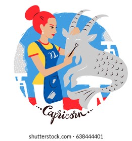 Vector illustration of Capricorn zodiac sign. Young woman sculptor working on art studio background.