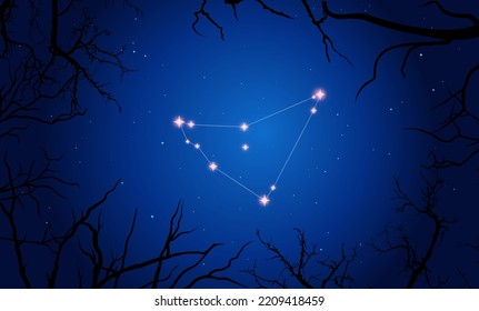 Vector illustration Capricornus constellation. Bright constellation in open space. Starry sky behind the creepy branches. Zodiac sign Capricorn.