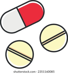 Vector illustration of capsule and round medicine pills. Over dose and self-medicate.