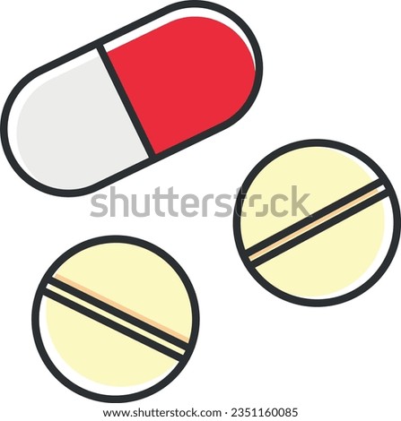 Vector illustration of capsule and round medicine pills. Over dose and self-medicate.
