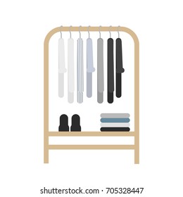 Vector illustration with capsule wardrobe on wooden cloth rack. Minimalistic design on white isolated background.