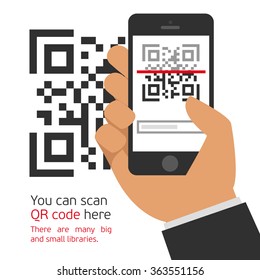  Vector illustration capture QR code on mobile phone. Digital technology, information barcode, symbol electronic scan. 