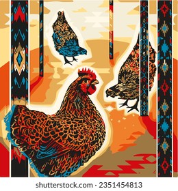 The vector illustration captures the unique atmosphere of rural idyll, where three cheerful chickens roam freely on a green meadow. 