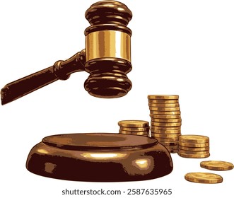 A vector illustration capturing the excitement of an auction. A poised gavel hovers over a gleaming stack of coins, symbolizing financial exchange and decisive bidding. 