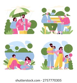 Vector illustration capturing family activities and elderly conversations in a park. Scenes include couples under an umbrella, elderly chatting on a bench, family picnicking, and parents with children