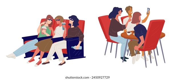 Vector illustration capturing social scenes at a cinema and cafe, flat design.