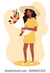 Vector illustration capturing a summer day with a woman holding a bouquet of flowers, wearing a hat and a yellow dress, embodying a joyful outdoor vibe