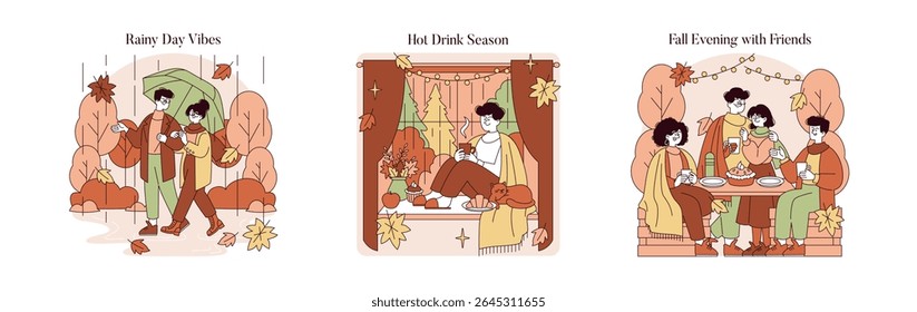 Vector illustration capturing three autumn scenes. A couple shares a warm moment under an umbrella, a person enjoys a hot drink by the window, and friends gather for an evening chat.