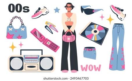 Vector illustration capturing the vibrant Y2K fashion scene, showcasing a stylish female character surrounded by quintessential accessories including sneakers, a starry handbag, flip phone, boombox