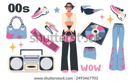 Vector illustration capturing the vibrant Y2K fashion scene, showcasing a stylish female character surrounded by quintessential accessories including sneakers, a starry handbag, flip phone, boombox
