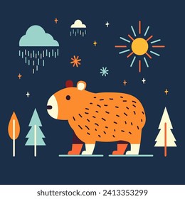 ilustración vectorial del capibara, animal, bosque, lluvia, sol, flores