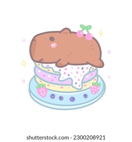 Vector illustration, capybara and cake with strawberries. Childish illustration for t-shirt design, cover, poster.