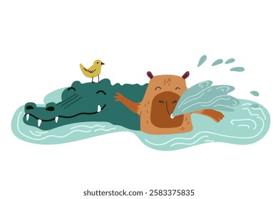 Vector illustration of capybara and crocodile, bird. Friendly capybaras animals. Hand drawn Vector illustration.