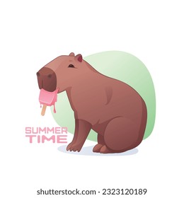 Vector illustration with a capybara eats ice cream on a light background. Illustration, poster, postcard. Cartoon style animal.