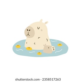 Vector illustration of a capybara family mother and child swimming in the pond. Adorable animal character design.