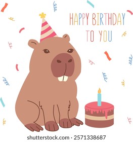 Vector Illustration of a capybara in a festive hat sitting next to a cake with a candle. Festive arrangement with confetti and the inscription Happy Birthday. Fun design for greeting cards, posters