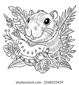 Vector illustration of capybara, holding watermelon in paws, slice, summer, flowers, oasis, coloring page, made in line art style