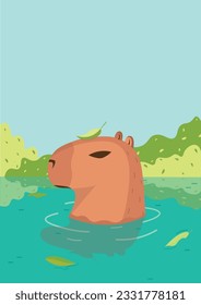 Vector illustration of a capybara with a leaf on its head standing in the water around floating leaves and bushes behind
