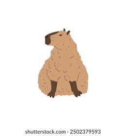 Vector illustration of a capybara on an isolated background. The cute character is depicted in a sitting pose, ideal for design projects such as fabric, cards or wrapping paper.