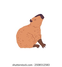 Vector illustration of a capybara on an isolated background. Cute brown capybara seen from side with head raised. Suitable for fabric, cards and wrapping paper. Flat style.