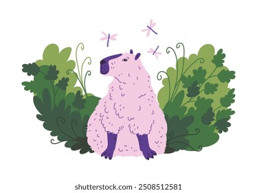 Vector illustration of a capybara, purple, in a sitting pose against a background of green grass and dragonflies. Ideal for children's cards and stickers. Flat cartoon style.