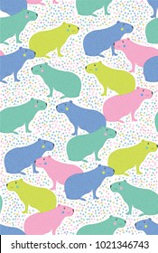 Vector illustration of capybara. Seamless pattern of hand draw capybara. South america's capybara pattern for fabric, wallpaper, for kids goods, textiles. South America animal. Dots white backround