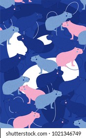 Vector illustration of capybara. Seamless pattern of hand draw capybara. South america's capybara pattern for fabric, wallpaper, for kids goods, textiles. South America animal. Blue background