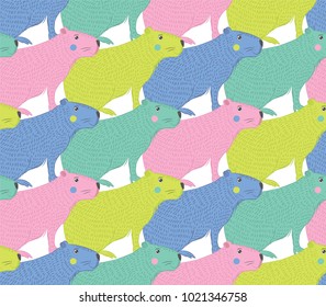 Vector illustration of capybara. Seamless pattern of hand draw colorful capybara. South america's capybara pattern for fabric, wallpaper, for kids goods, textiles. Cute South America animal.