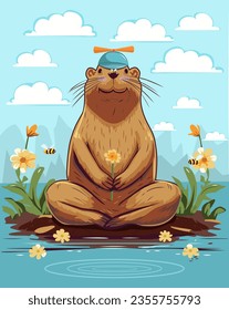 Vector illustration of a capybara sits on a pond and holds a flower. Against the background of clouds, mountains and bees fly.