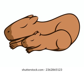 Vector illustration. Capybara sleeps with her baby. Image isolated on white background. Simple design element. For advertising brochures posters menu banners of various products.