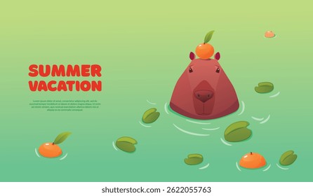 Ilustração vetorial de uma capivara em água com uma laranja na cabeça. Férias de verão.