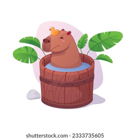 Ilustración vectorial con capibara en el agua. Bañera de madera con agua. Pato de goma.