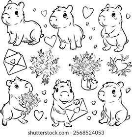 Vector illustration of capybaras, different poses, coloring page, made in line art style