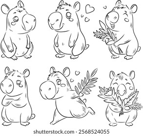 Vector illustration of capybaras, different poses, coloring page, made in line art style