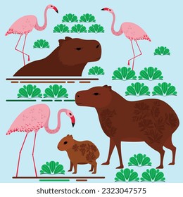 vector illustration of capybaras and flamingos