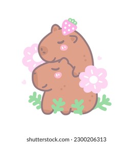 Vector illustration with capybaras and flowers in love. Print for t-shirt design, cover, poster.