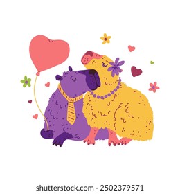 Vector illustration of capybaras in love on a background of flowers and hearts. The icon on a white background is perfect for decorating Valentine's day