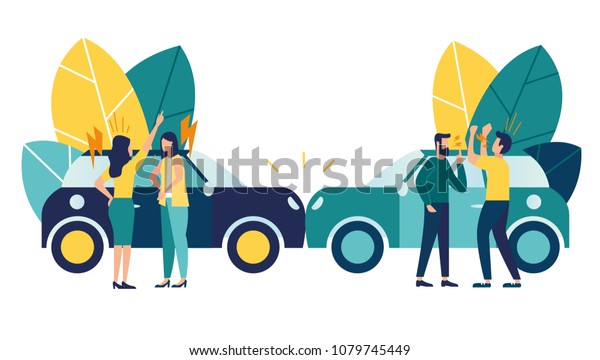 Vector illustration,
car accident, flat style, people drivers swear, not compliance with
traffic rules vector