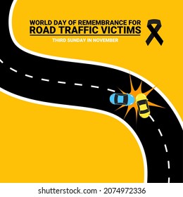 Vector illustration, car accident on highway, as banner or poster, World Day of Remembrance for Road Traffic Victims' (WDOR).