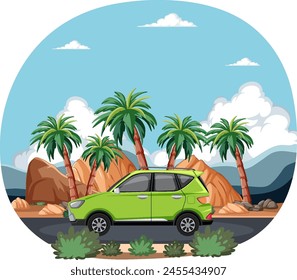 Vector illustration of a car among palm trees.