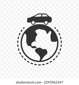 Vector illustration of car around the earth icon in dark color and transparent background(png).