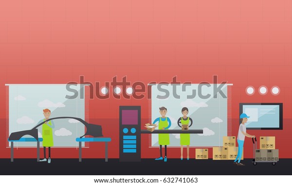 Vector illustration of car\
assembly plant. Production line workers, factory workers packing\
car parts and loading cardboard boxes flat style design\
elements.