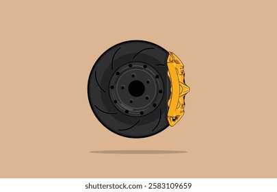 vector illustration of the car brake disc and caliper in yellow are isolated. caliper illustration design vector hand-drawn style. vector brake disc
