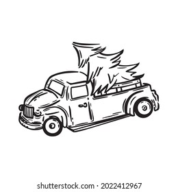 Vector illustration of a car carrying a Christmas tree in the style of a sketch hand drawing. Black outline isolated on white background.