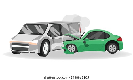 Vector or illustration car crash accident. Sport car crash to the middle of the van. Hood of green car open with smoke. Background on isolated.