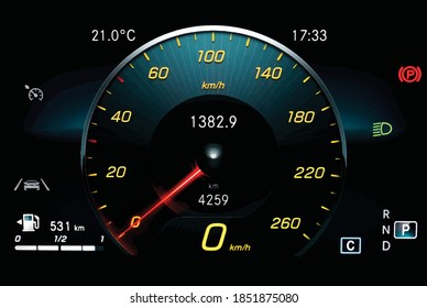 Vector illustration of car dashboard panel including speedometer with red needle, odometer, fuel gauge, lane assist icon and gear position indicator. Modern car digital LCD instrument cluster.